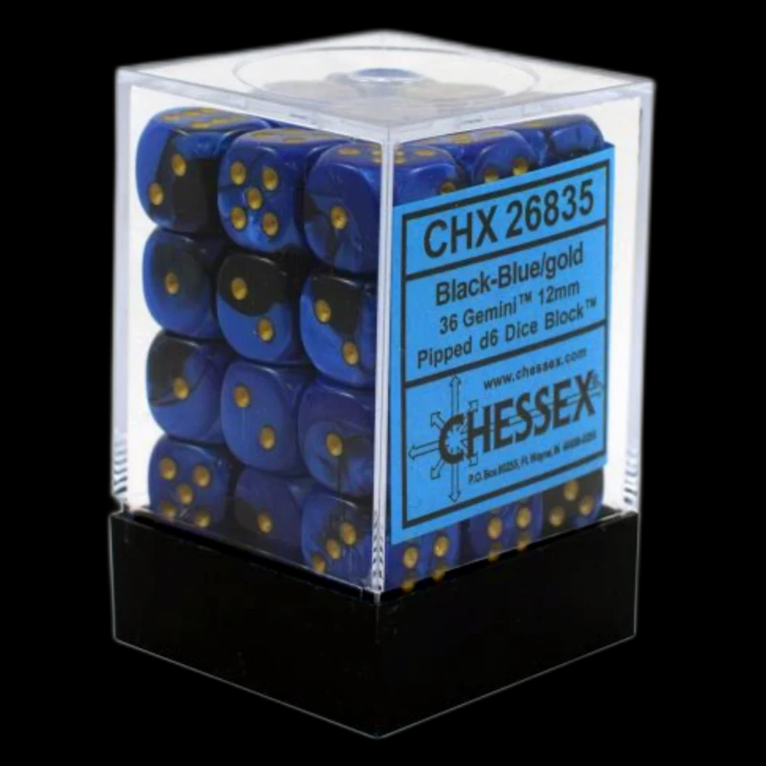 Chessex: Gemini 12Mm D6 Black-Blue/Gold (36 Dice)
