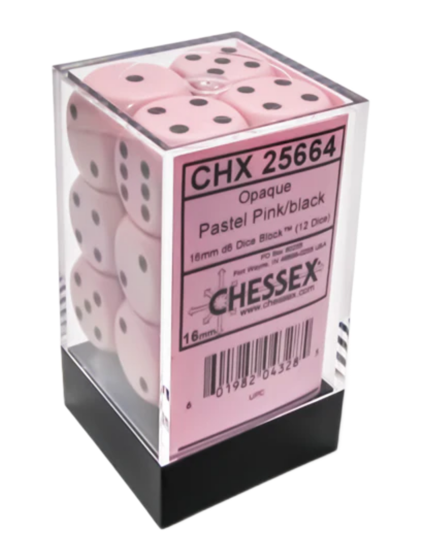 Chessex Opaque 16mm d6 Pastel Pink/black Dice Block (12 dice)