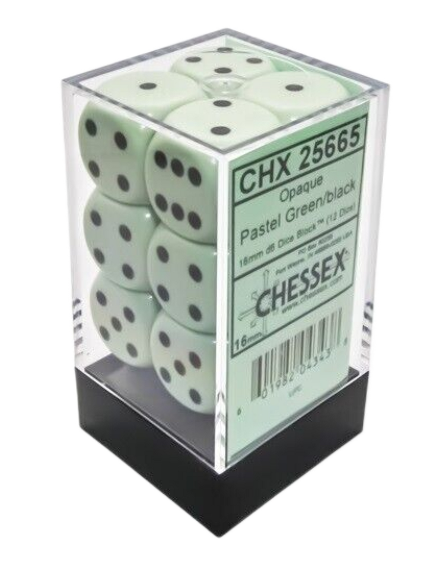 Chessex Opaque 16mm d6 Pastel Green/black Dice Block (12 dice)