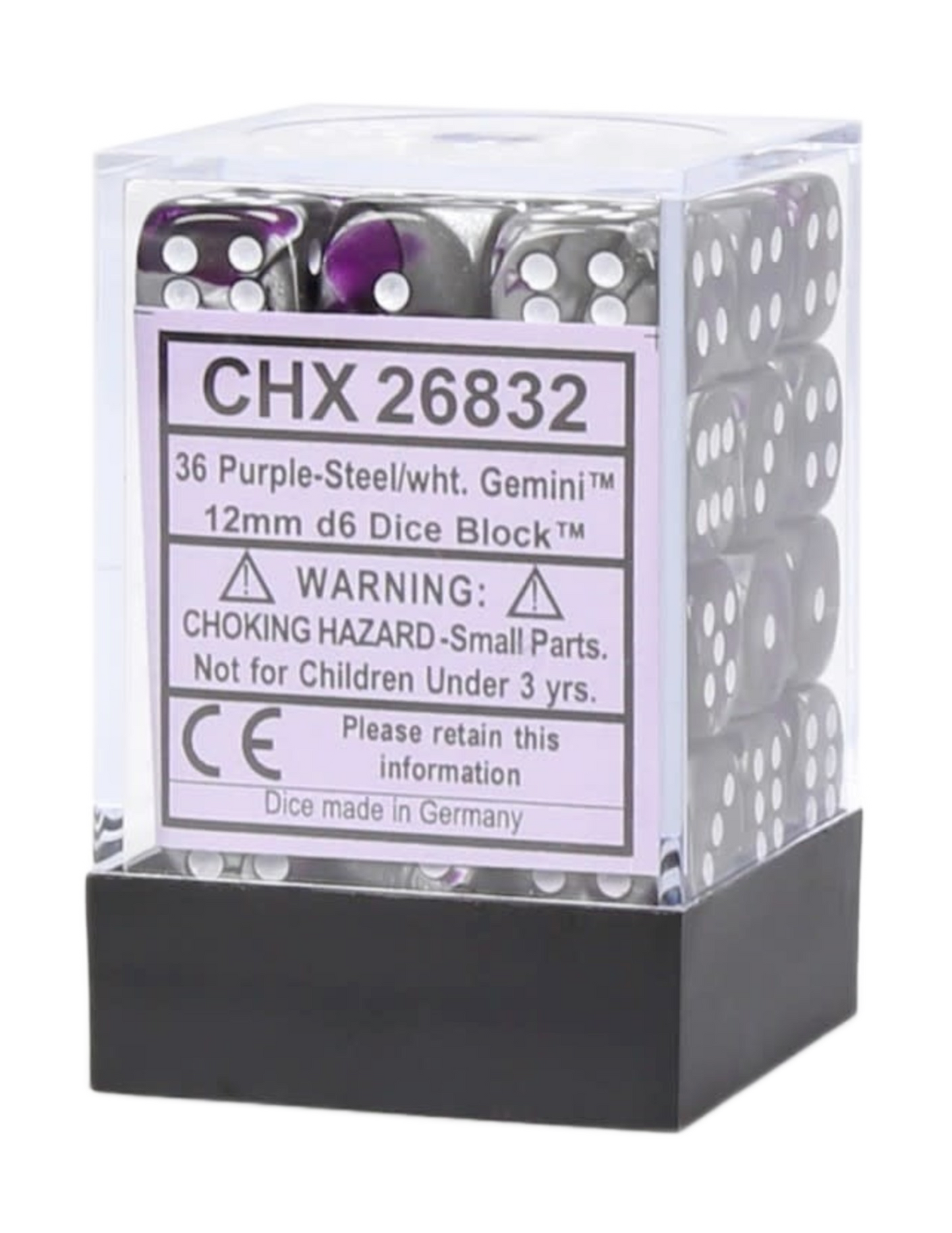 Chessex: Gemini Purple-Steel/White 12Mm D6 Dice Block (36 Dice)