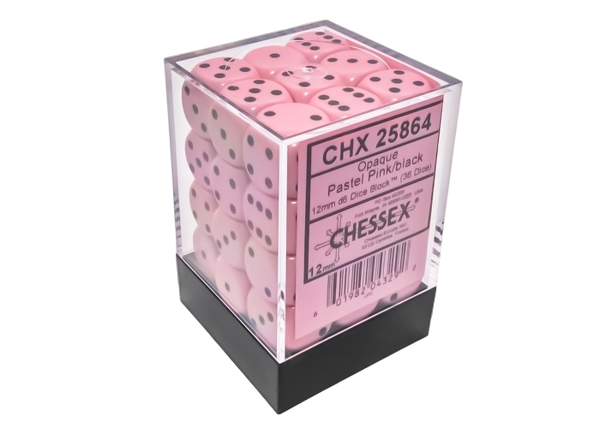 Chessex Opaque 12mm d6 Pastel Pink/black Dice Block(36 dice)