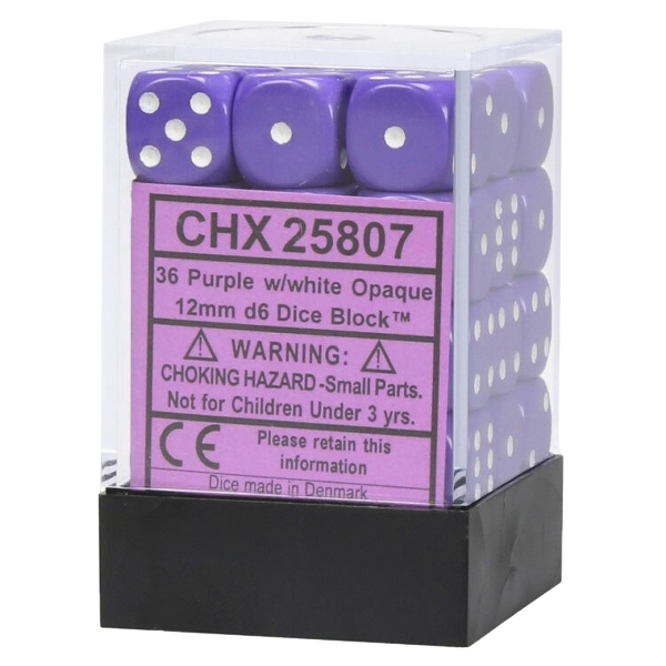 Chessex: Opaque Purple/White 12Mm D6 Dice (36 dice)