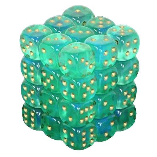 Chessex Borealis 12mm d6 Light Green/gold Luminary Dice Block (36 dice)