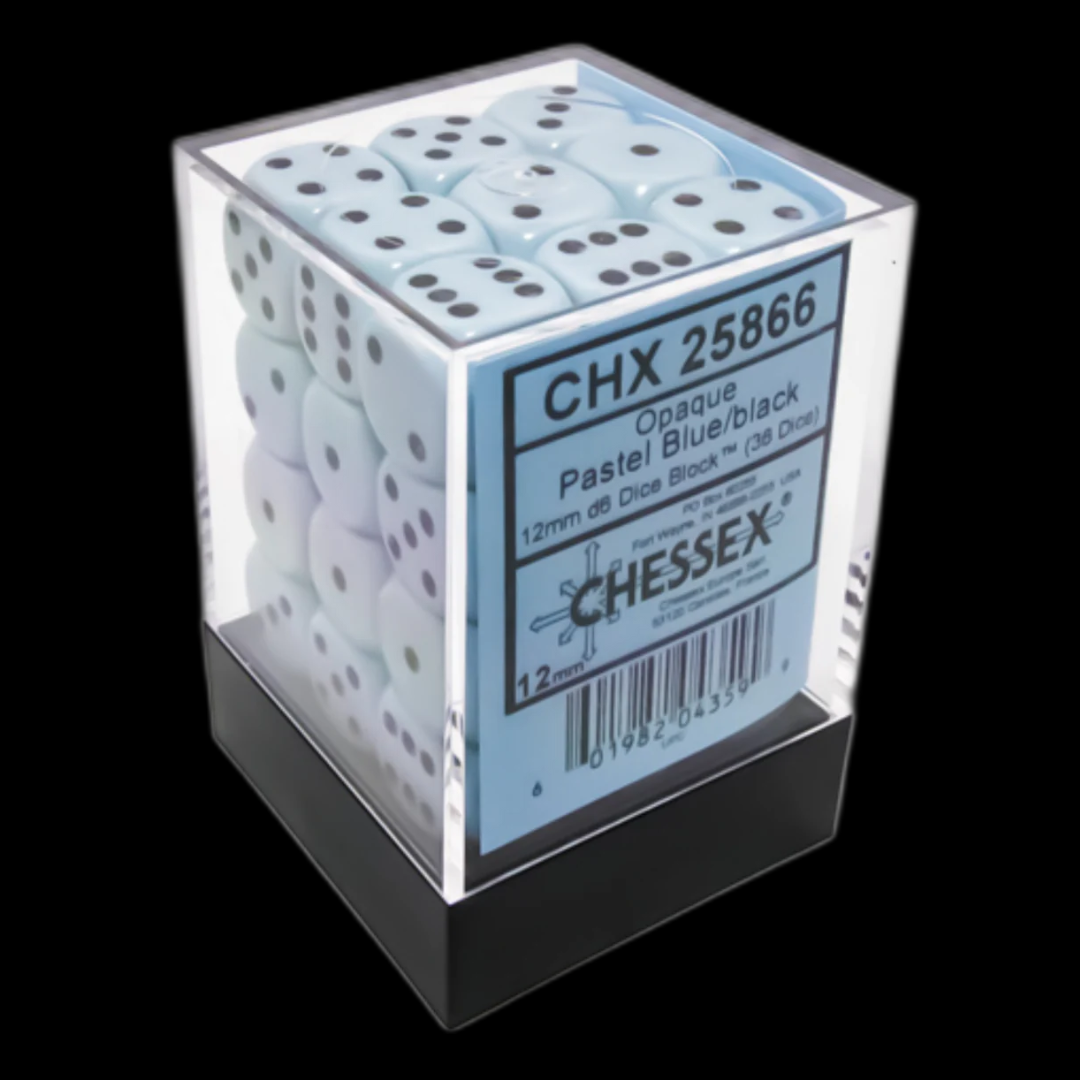 Chessex Opaque 12mm d6 Pastel Blue/black Dice Block (36 dice)