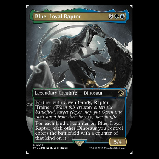 NEAR MINT FOIL Blue, Loyal Raptor (Borderless) (Emblem) - Universes Beyond: Jurassic World Collection