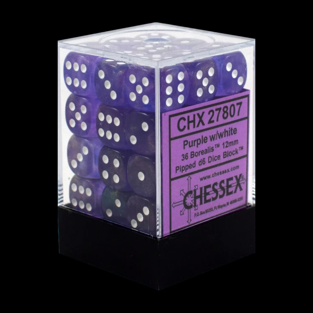 Chessex Borealis 12mm d6 Purple/white Luminary Dice Block (36 dice)