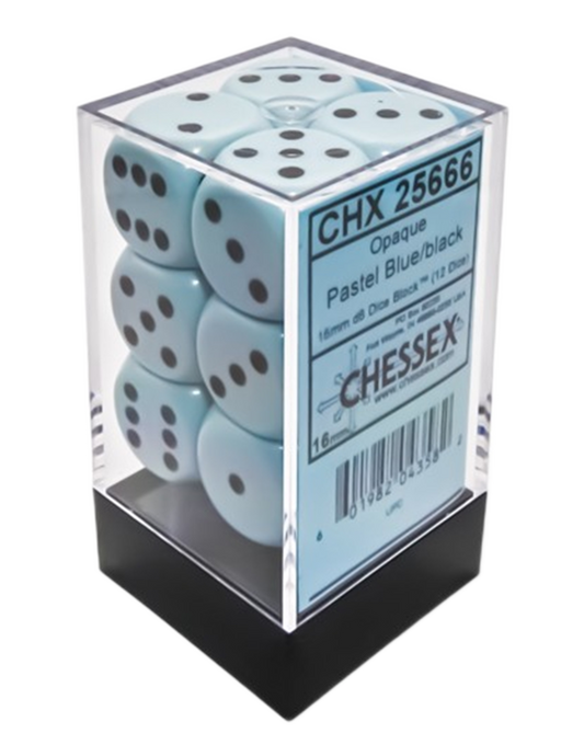 Chessex Opaque 16mm d6 Pastel Blue/black Dice Block (12 dice)