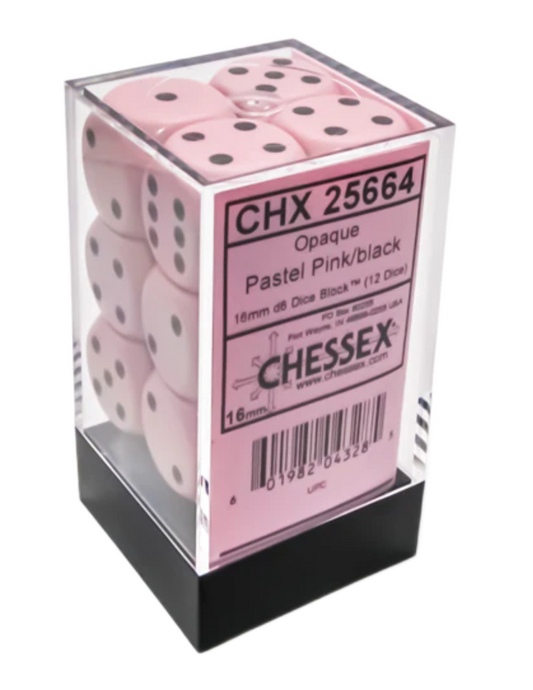 Chessex Opaque 16mm d6 Pastel Pink/black Dice Block (12 dice)
