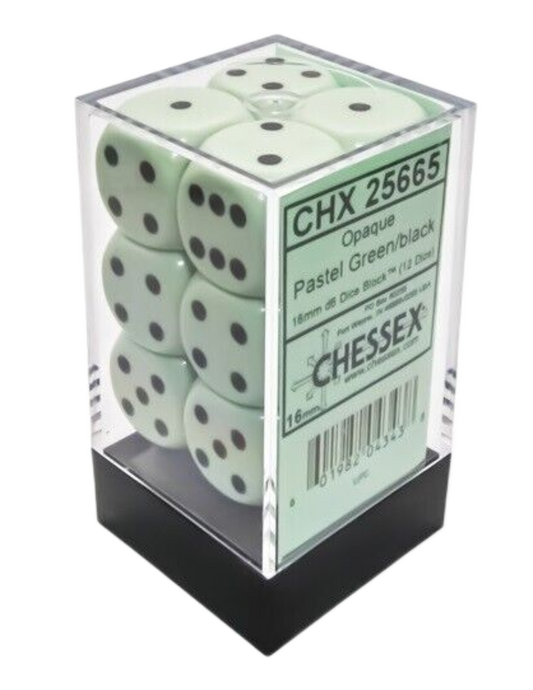 Chessex Opaque 16mm d6 Pastel Green/black Dice Block (12 dice)