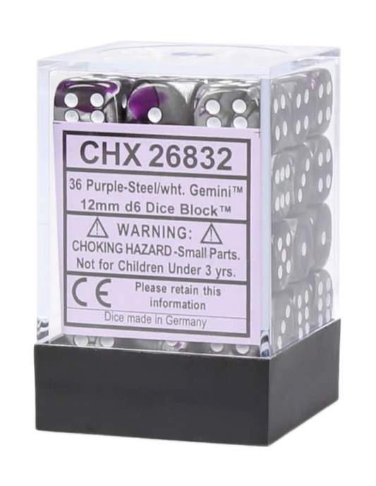 Chessex: Gemini Purple-Steel/White 12Mm D6 Dice Block (36 Dice)