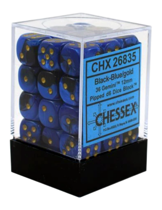 Chessex: Gemini 12Mm D6 Black-Blue/Gold (36 Dice)