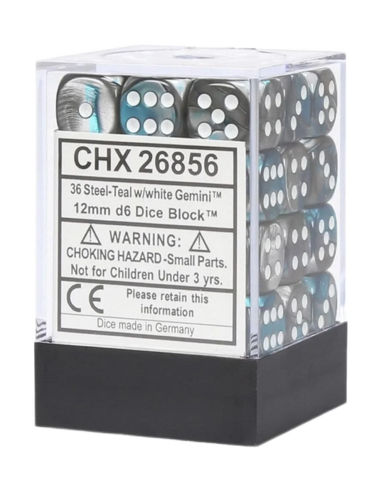 Chessex: Steel-Teal With White 12Mm D6 (36 Dice)