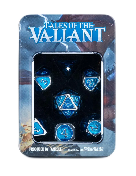 Tales of the Valiant Metal Dice Set: Silver w/ Light Blue Enamel
