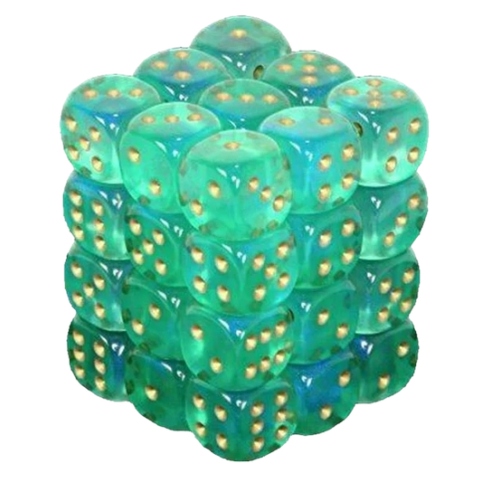 Chessex Borealis 12mm d6 Light Green/gold Luminary Dice Block (36 dice)