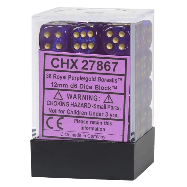 Chessex Borealis 12mm d6 Royal Purple/gold Luminary Dice Block (36 dice)