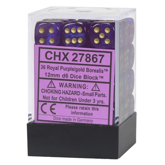 Chessex Borealis 12mm d6 Royal Purple/gold Luminary Dice Block (36 dice)
