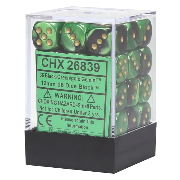 Chessex: Gemini Black-Green/Gold 12Mm D6 Dice Block (36 dice)