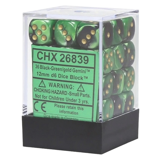 Chessex: Gemini Black-Green/Gold 12Mm D6 Dice Block (36 dice)